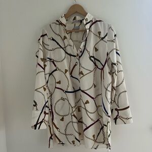 Chicos Tunic Blouse No Iron Chic Stretch Size 2 Large Status Equestrian Print